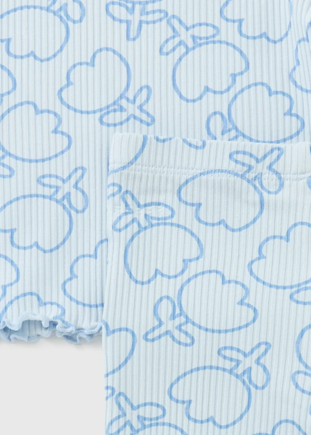 Girls Blue Flower Rib Top & Flare Set (1-7yrs)