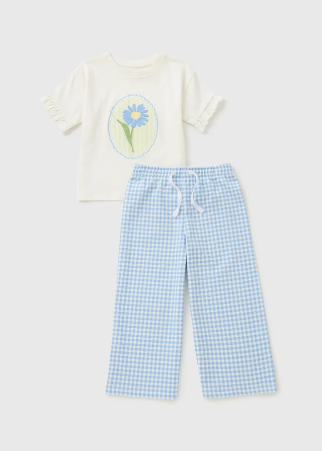Girls Blue Daisy Gingham Top & Trouser Set (1-7yrs)