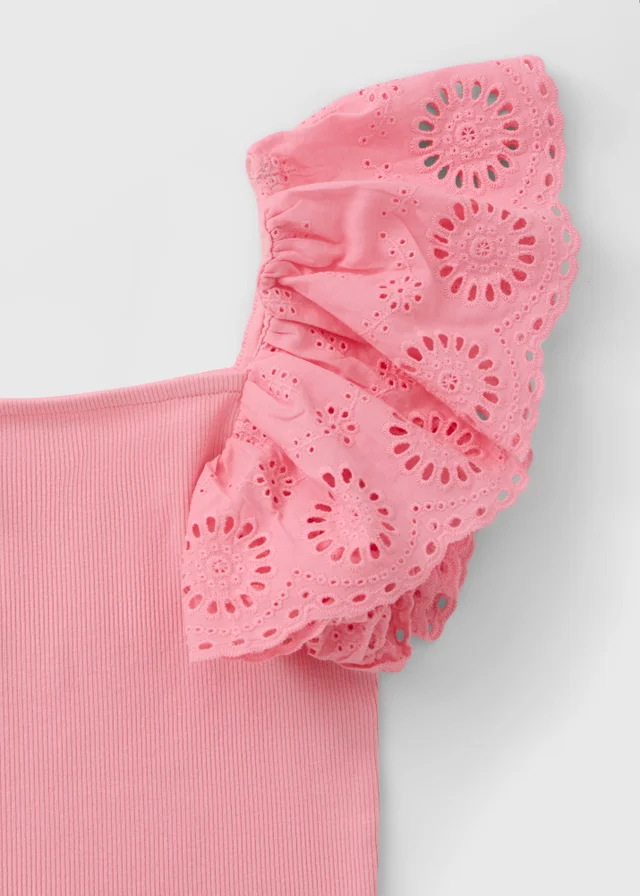 Girls Pink Broderie Frill Sleeve Top (7-15yrs)