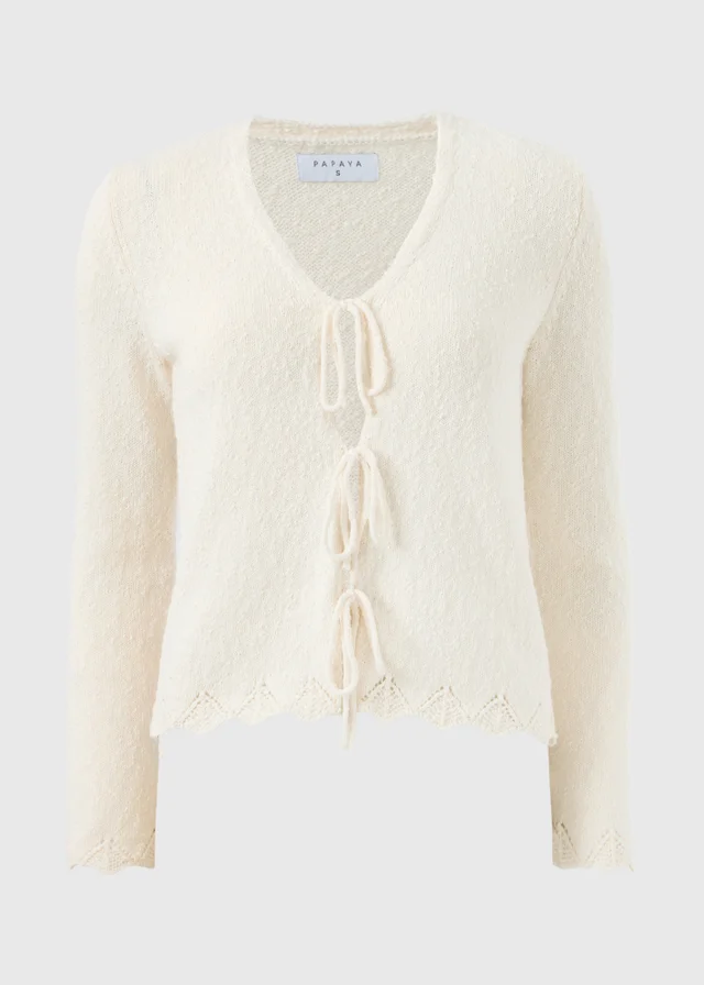 Cream Textured Tie Front Cardigan