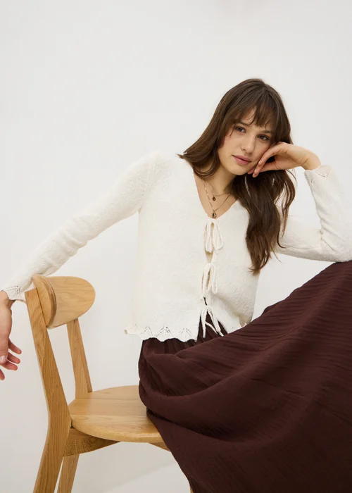 Cream Textured Tie Front Cardigan - Extra small Image 1