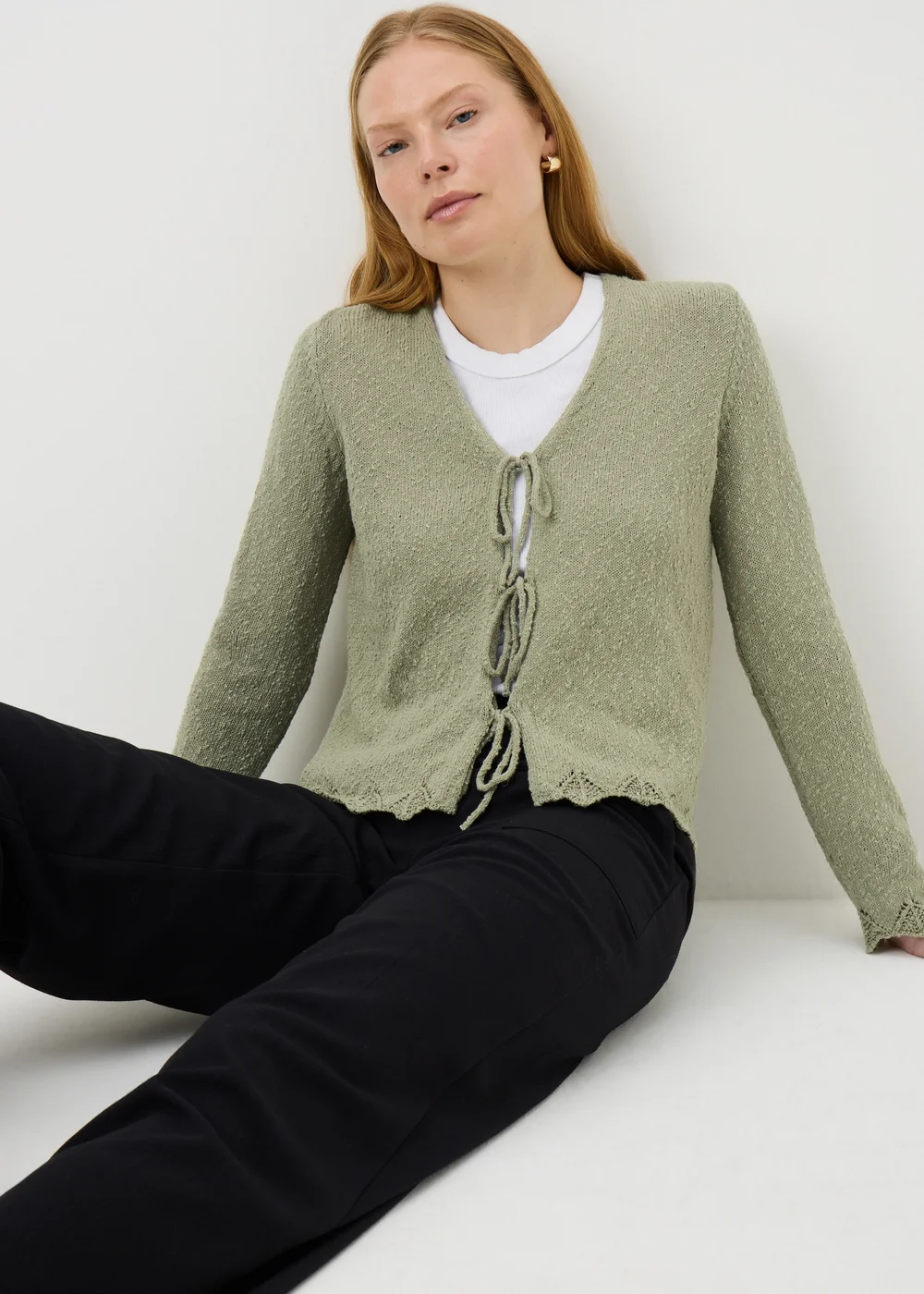 Sage Green Textured Tie Front Cardigan - Extra small Image 1