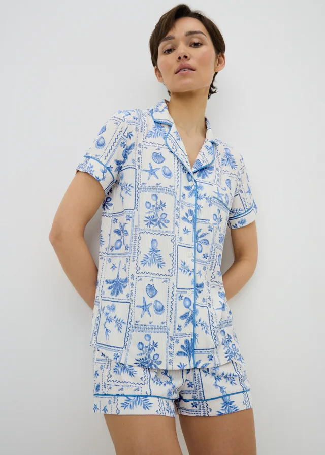 Blue Postcard Button Up Short Pyjama Set