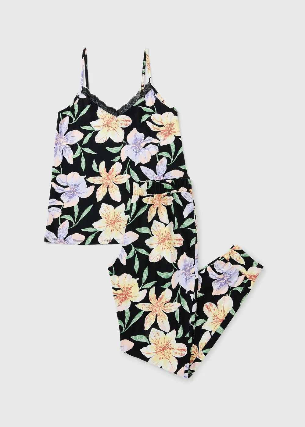 Black Floral Cami Cuffed Pyjama Set - Extra small Image 1
