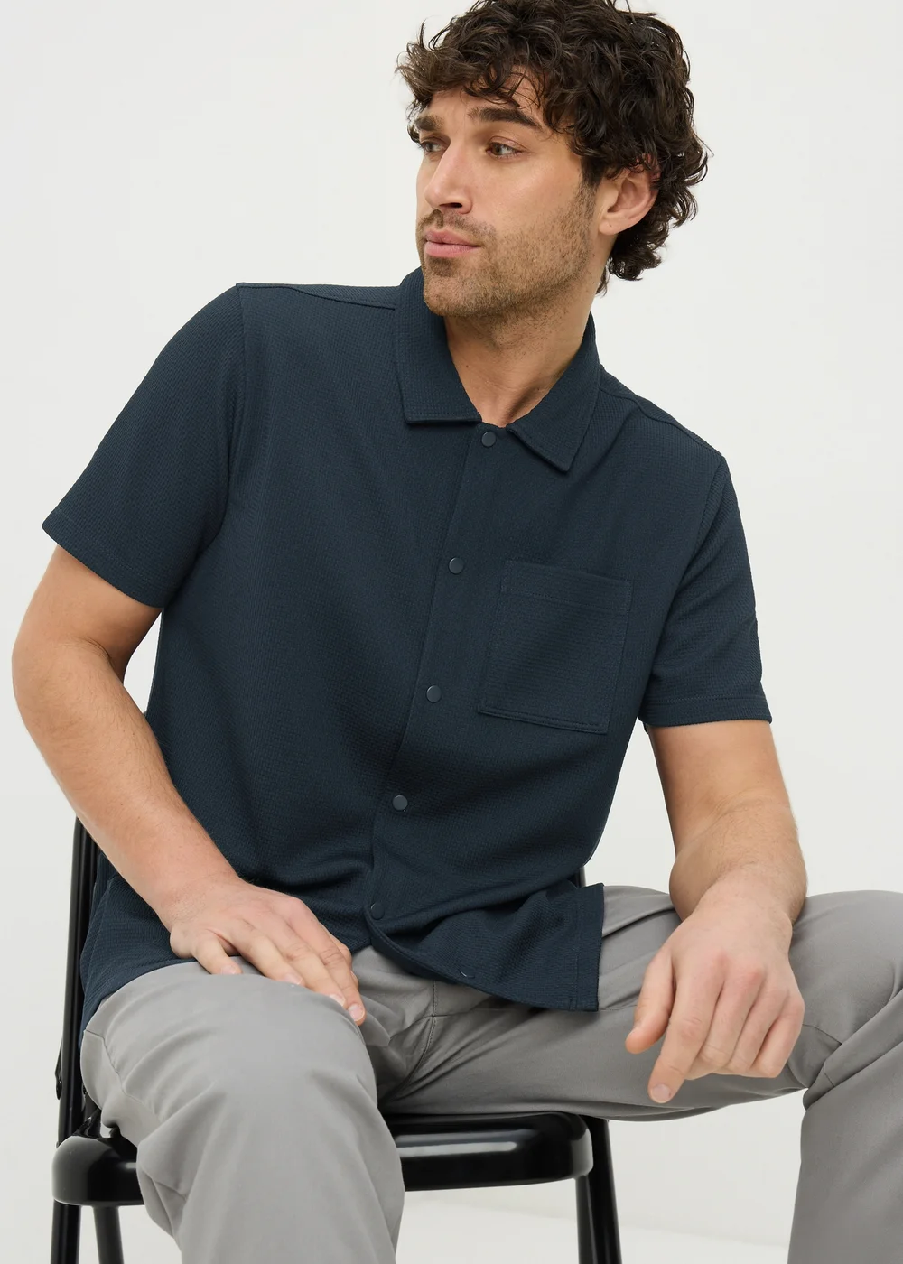 Navy Waffle Jersey Short Sleeve Shirt - Medium Image 2