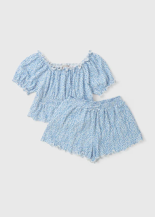 Girls Blue Floral Ditsy Crinkle Top & Short Set (7-15yrs) - Age 7 Years Image 1