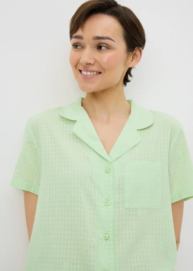 Green Embroidered Button Up Traditional Pyjama Set