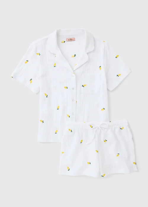 White Lemon Embroidered Button Up Pyjama Set - Size 10 Image 3