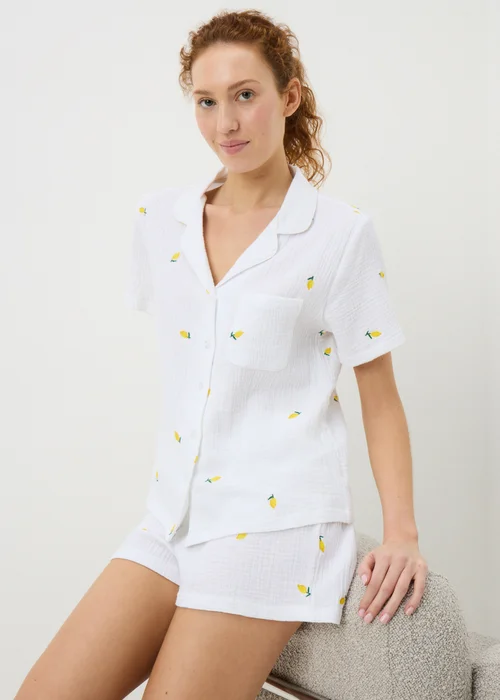 White Lemon Embroidered Button Up Pyjama Set - Size 10 Image 1