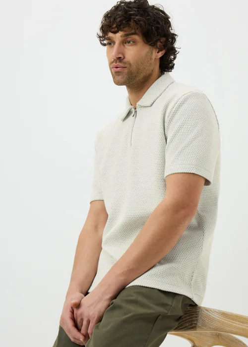 Ecru Diamond Jacquard Zip Polo Shirt - Small Image 1