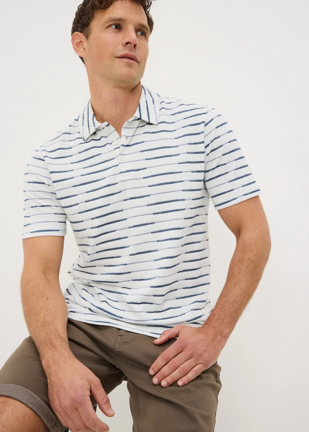 Navy Stripe Textured Polo Shirt - Small Image 1