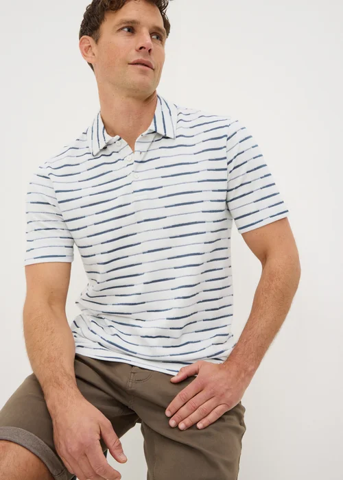 Navy Stripe Textured Polo Shirt - Small Image 1