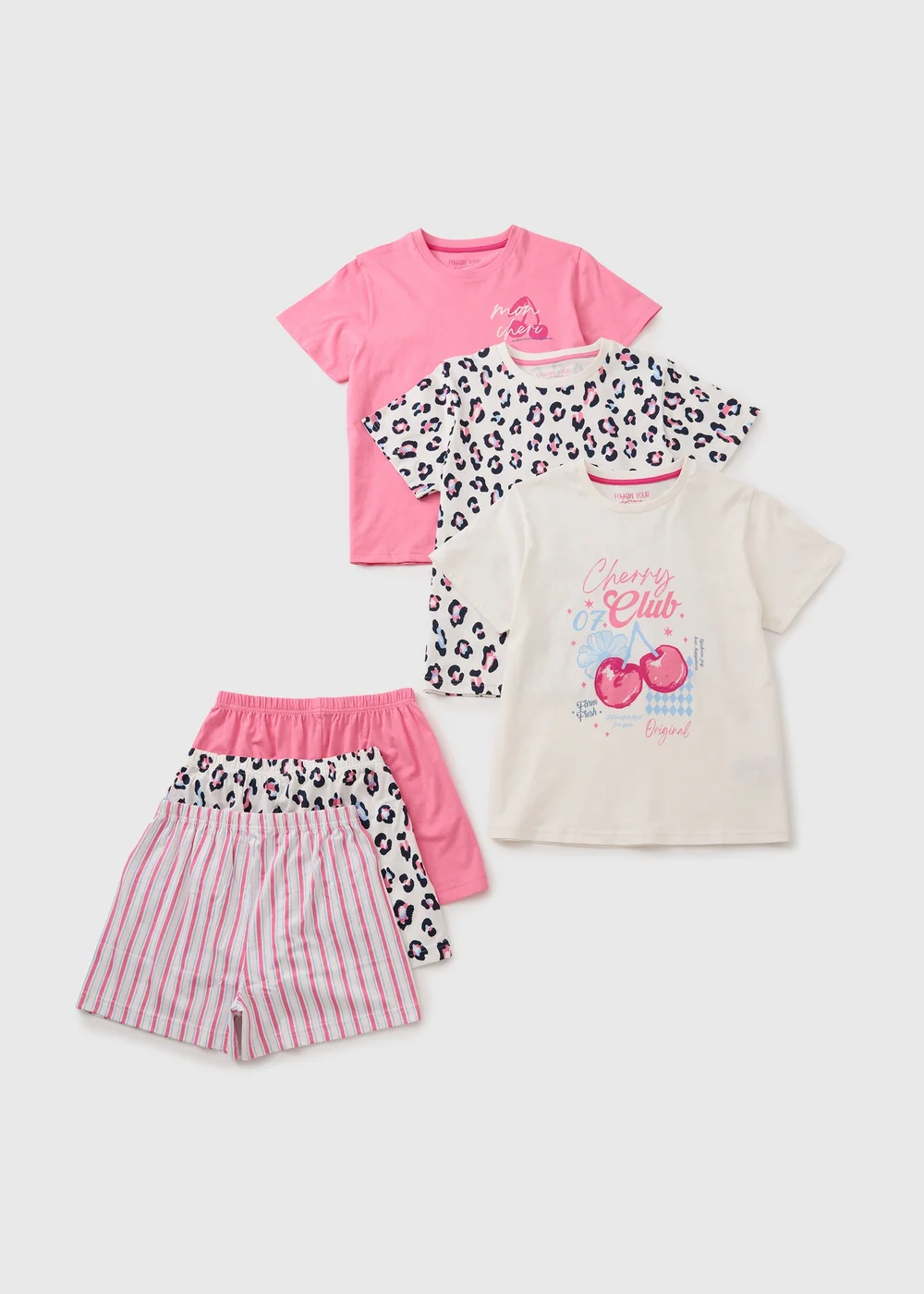 3 Pack Girls Pink Cherry Short Pyjama Set (7-13yrs) - Age 7 Years Image 1