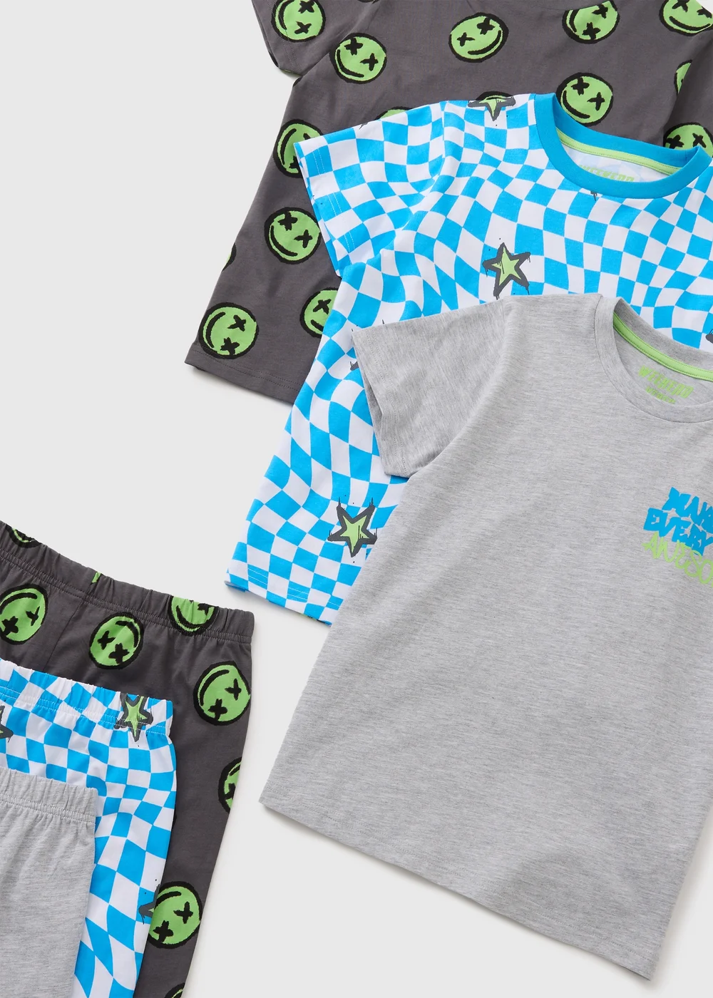 3 Pack Boys Grey Checkerboard Face Top & Shorts Set (7-13yrs) - Age 7 Years Image 2