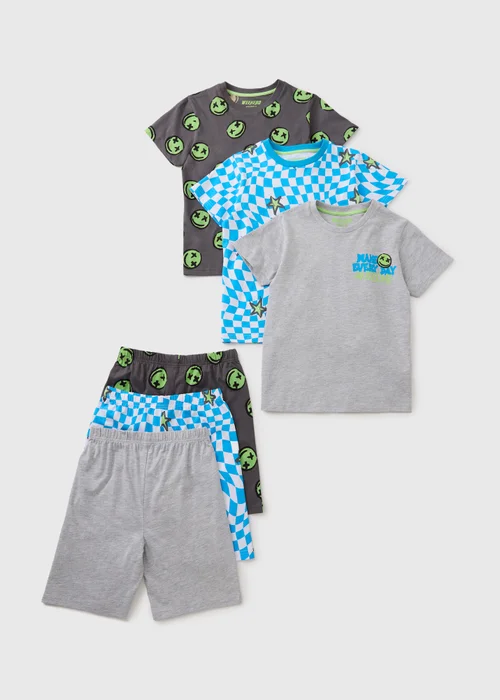 3 Pack Boys Grey Checkerboard Face Top & Shorts Set (7-13yrs) - Age 7 Years Image 1