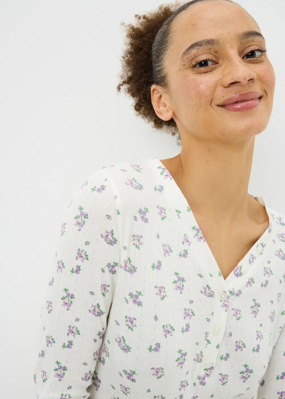 Cream Floral Pointelle Pyjama Set - Extra small Image 2