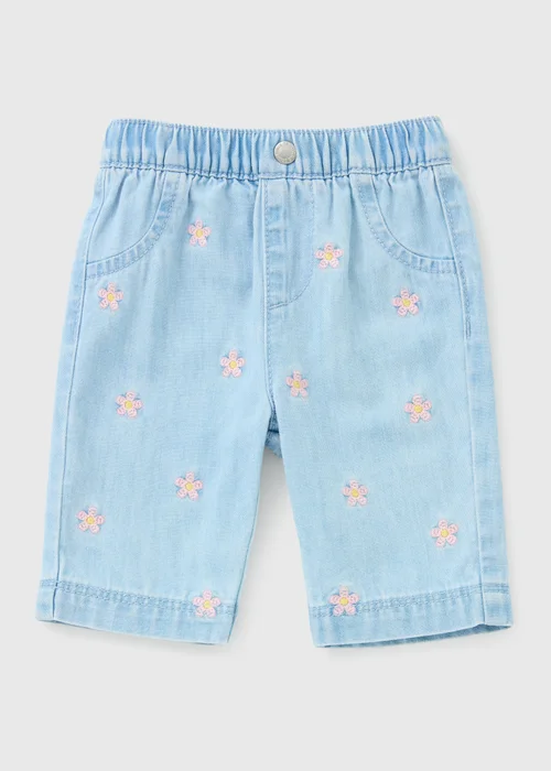 Baby Blue Flower Embroidered Denim Shorts (Newborn-23mths) - Up to 1 Month Image 1