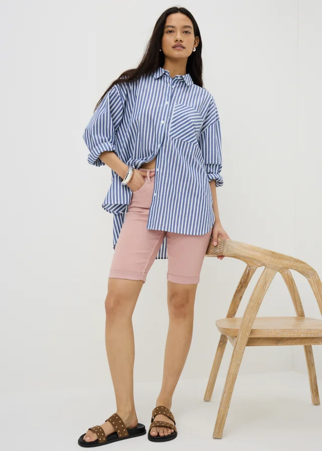 Pink Stretch Knee Length Denim Shorts