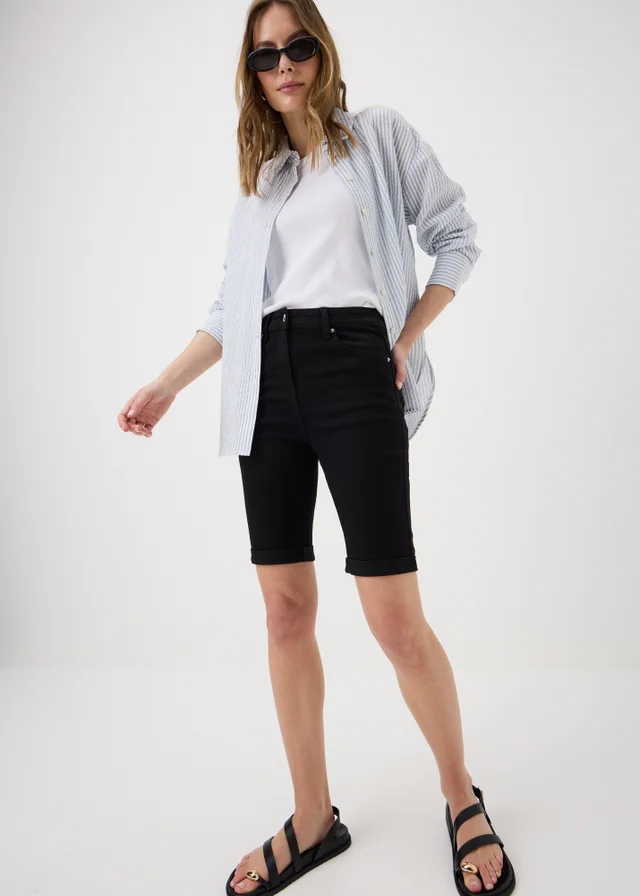 Black Stretch Knee Length Denim Shorts