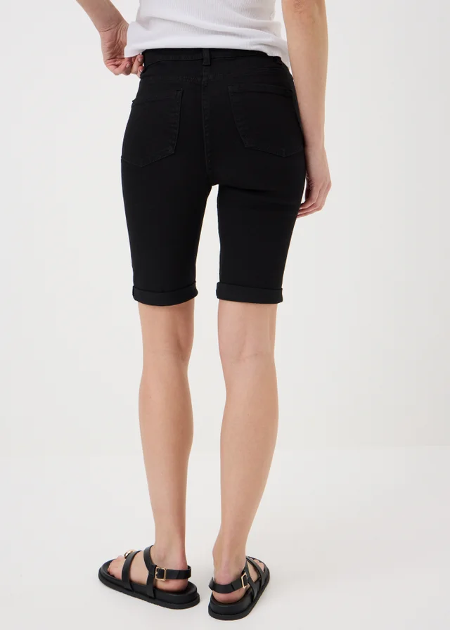 Black Stretch Knee Length Denim Shorts