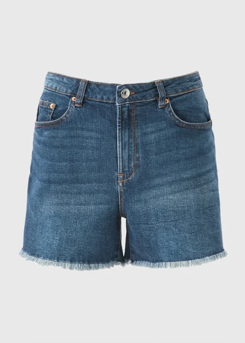 Blue Dark Wash Frayed Hem Denim Shorts - 16 Image 3