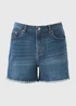 Blue Dark Wash Frayed Hem Denim Shorts - 16 Image 3