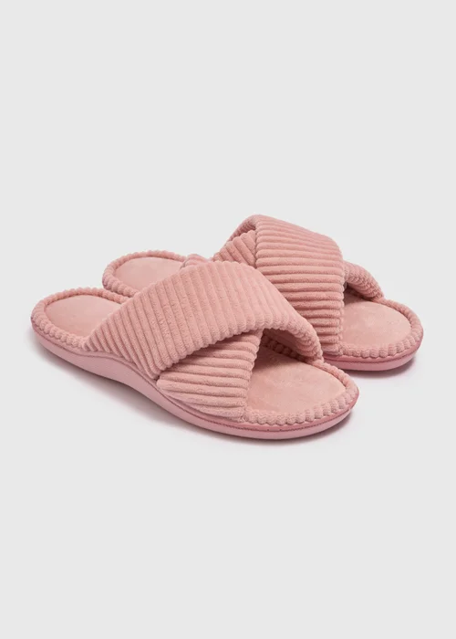 Pink Velour Cross Strap Slider Slippers - Small Image 1