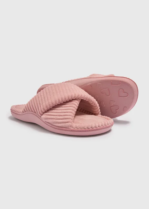 Pink Velour Cross Strap Slider Slippers - Small Image 2
