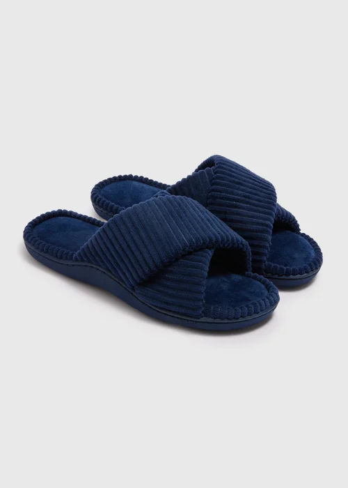 Navy Velour Cross Strap Slider Slippers - Small Image 1