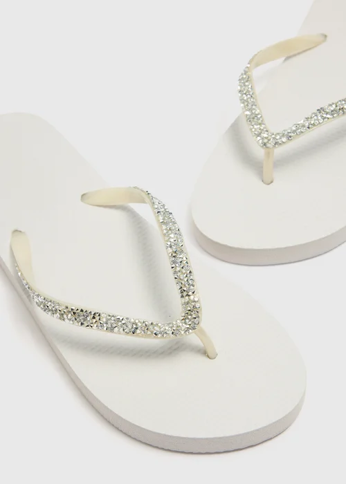 White Diamante Flip Flops - Small Image 2