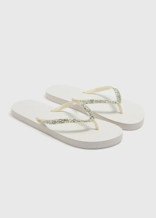 White Diamante Flip Flops - Small Image 1