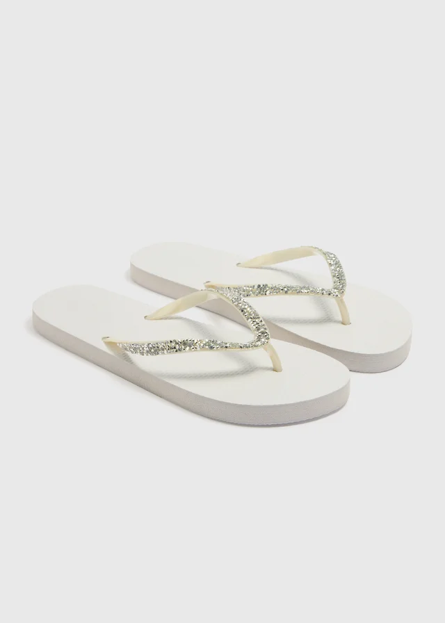 White Diamante Flip Flops