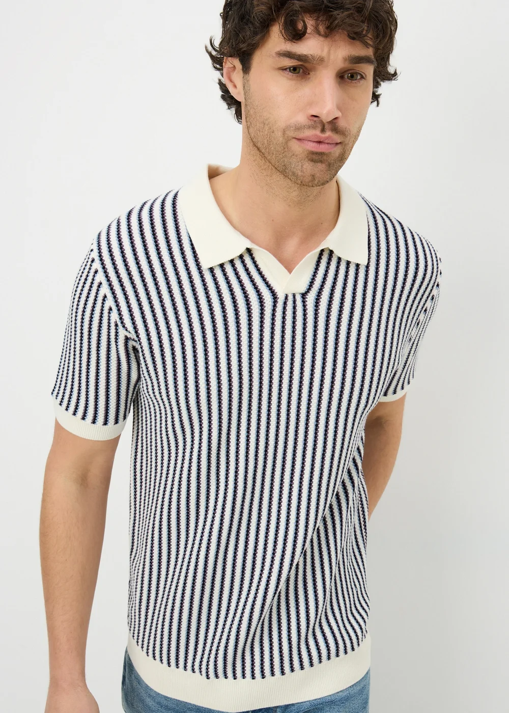 Ecru Stripe Revere Knitted Polo Shirt - Small Image 1