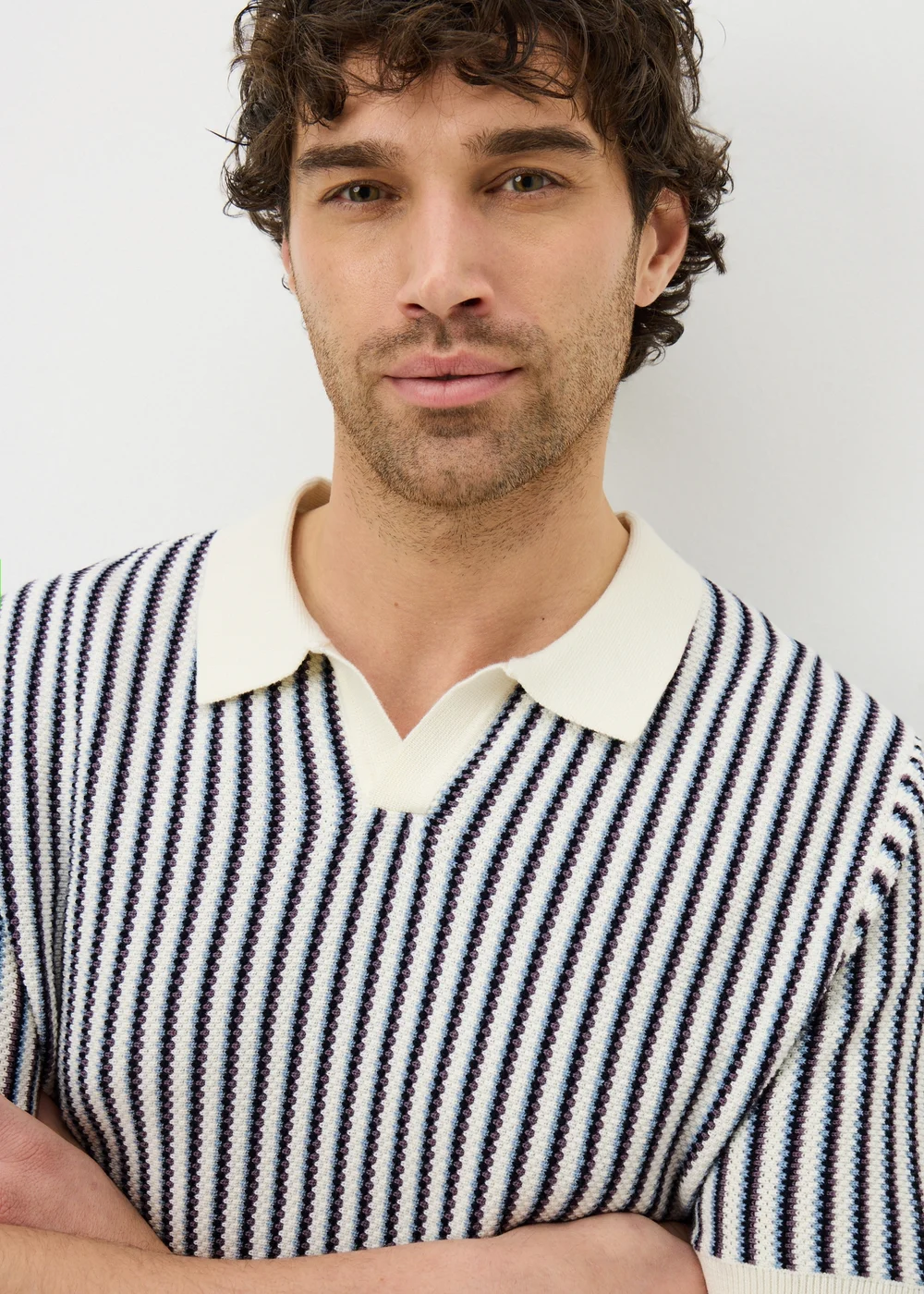 Ecru Stripe Revere Knitted Polo Shirt - Small Image 2