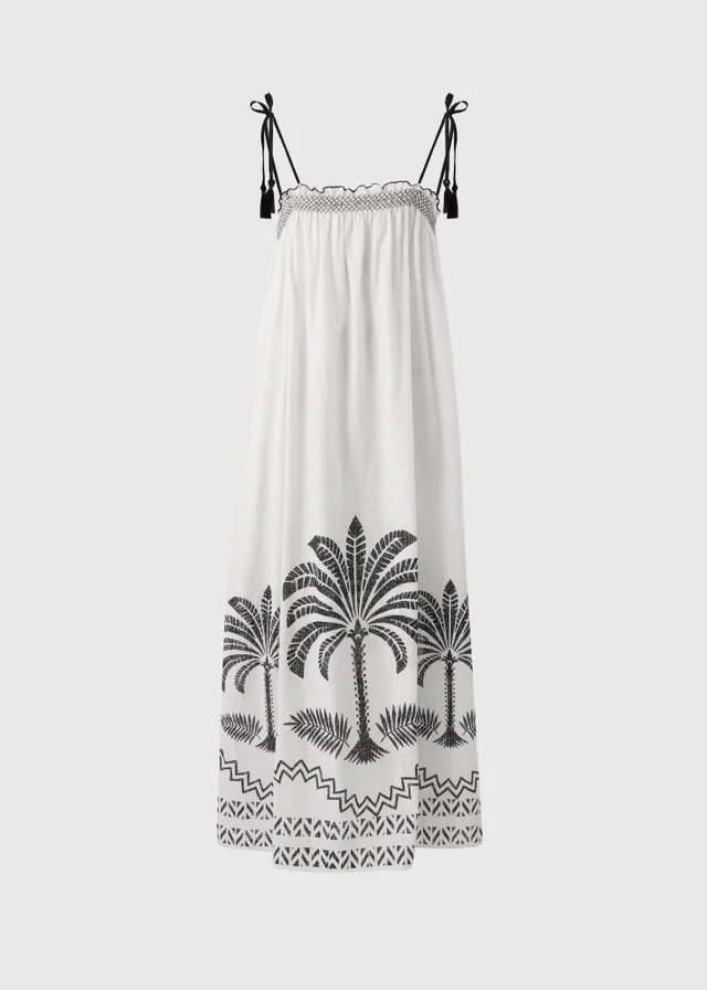 White Palm Tree Shirred Beach Dress