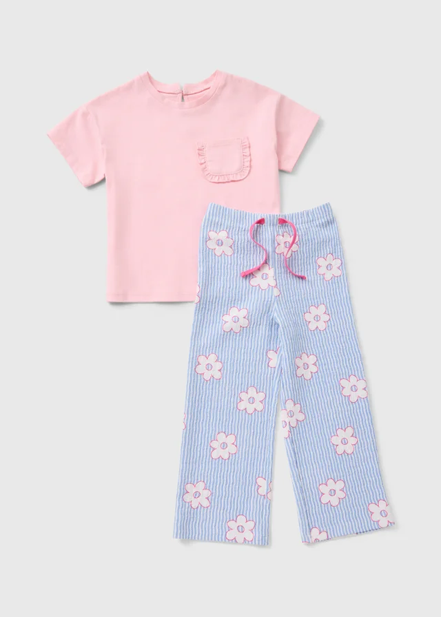 Girls Pink Floral Crinkle Top & Trouser Set (1-7yrs)