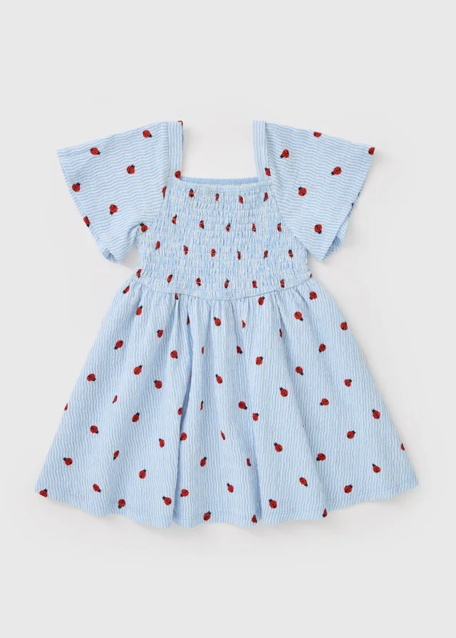 Girls Blue Crinkle Ladybird Dress (1-7 Yrs)