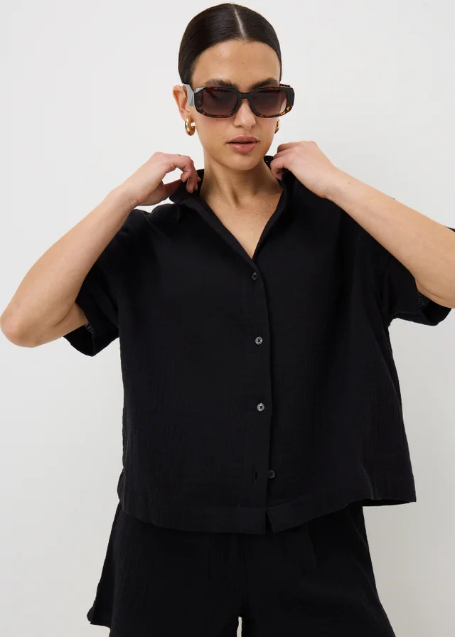 Black Double Cloth Co Ord Beach Shirt