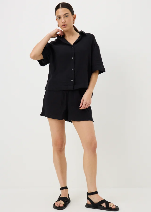 Black Double Cloth Co Ord Beach Shirt