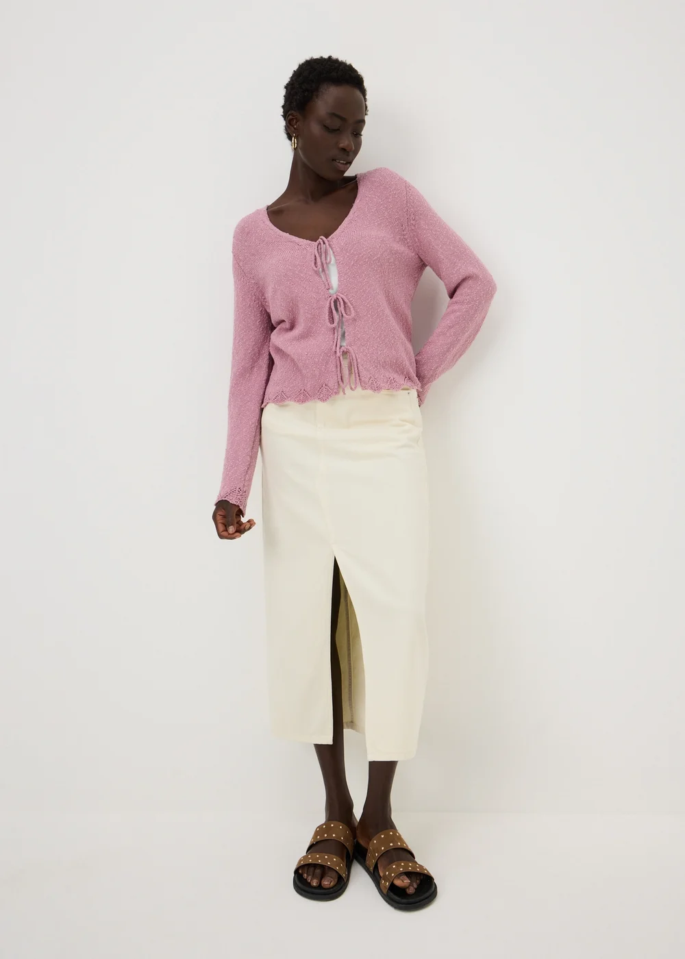 Light Pink Textured Tie Front Cardigan - M Image 2