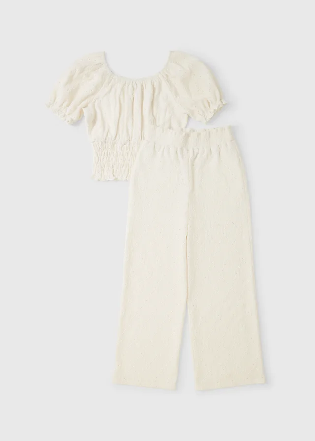 Girls Cream Broderie Top & Trouser Set (7-15yrs)