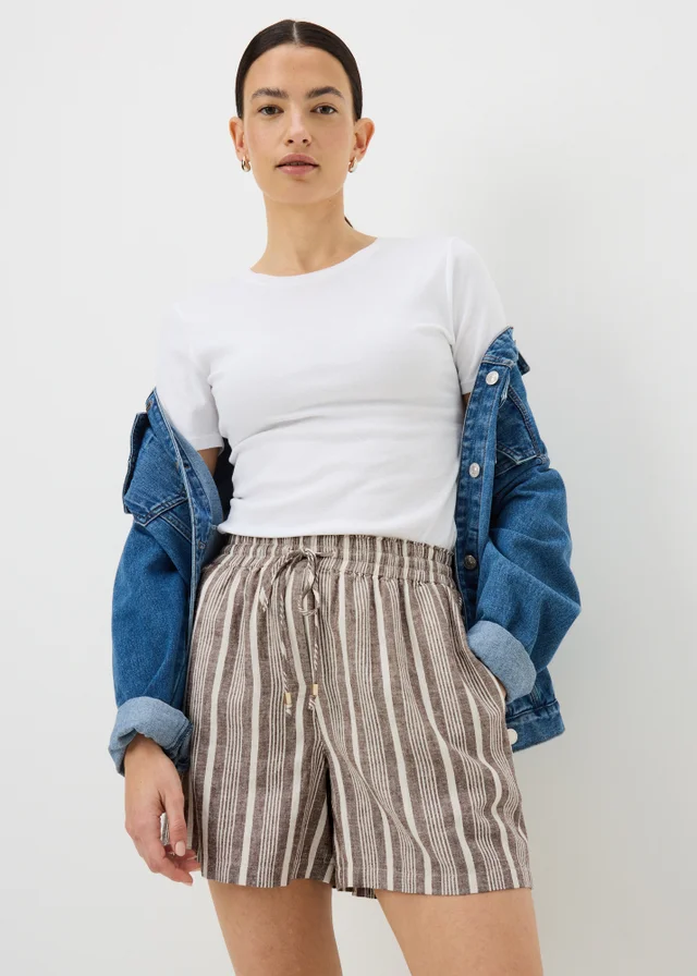 Brown Stripe Linen Blend Shorts
