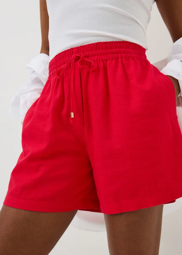Red Linen Blend Shorts