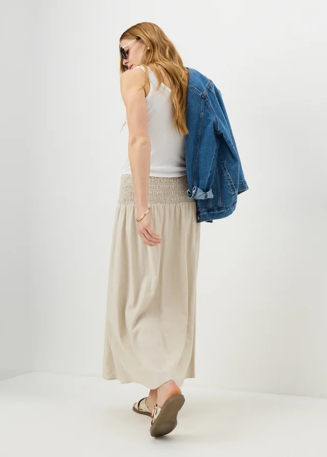 Stone Linen Rich Shirred Waist Midaxi Skirt
