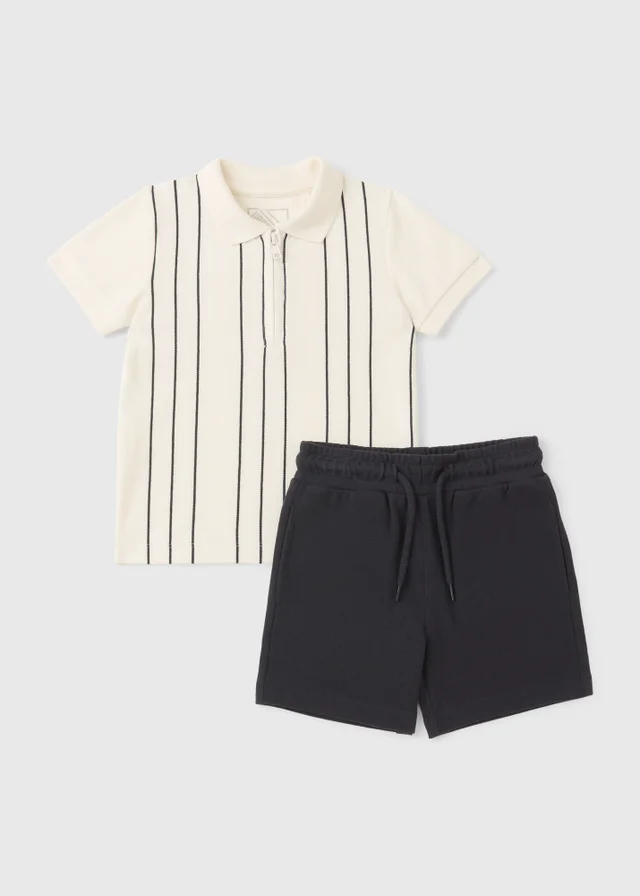 Boys Cream Pique Stripe Polo & Shorts Set (1-7yrs)