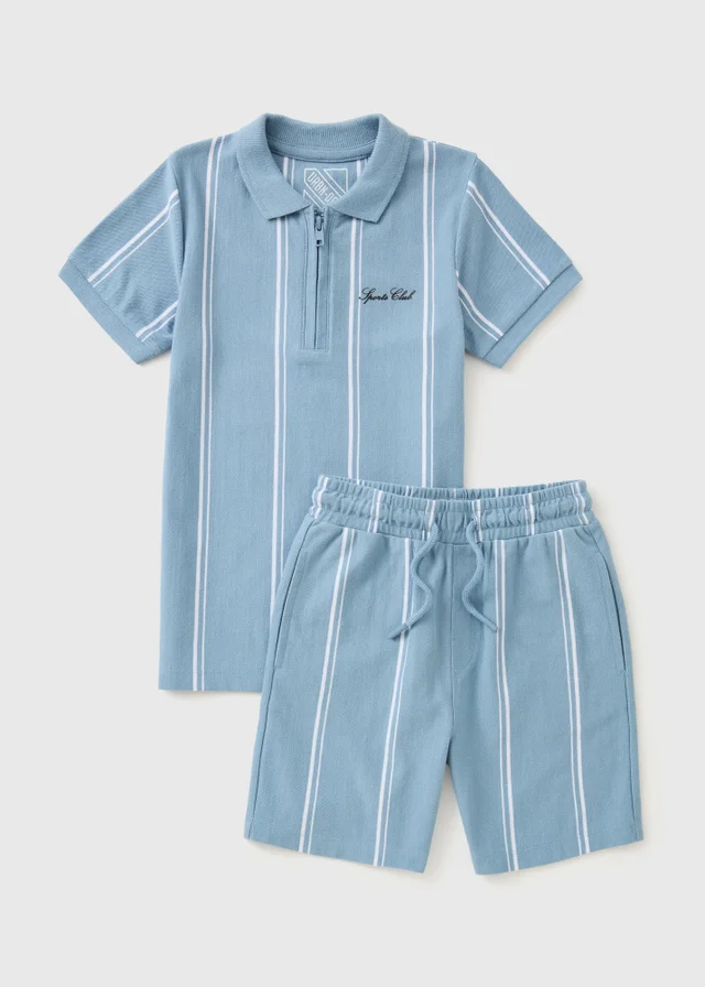 Boys Blue Pique Stripe Polo & Shorts Set (7-15yrs)