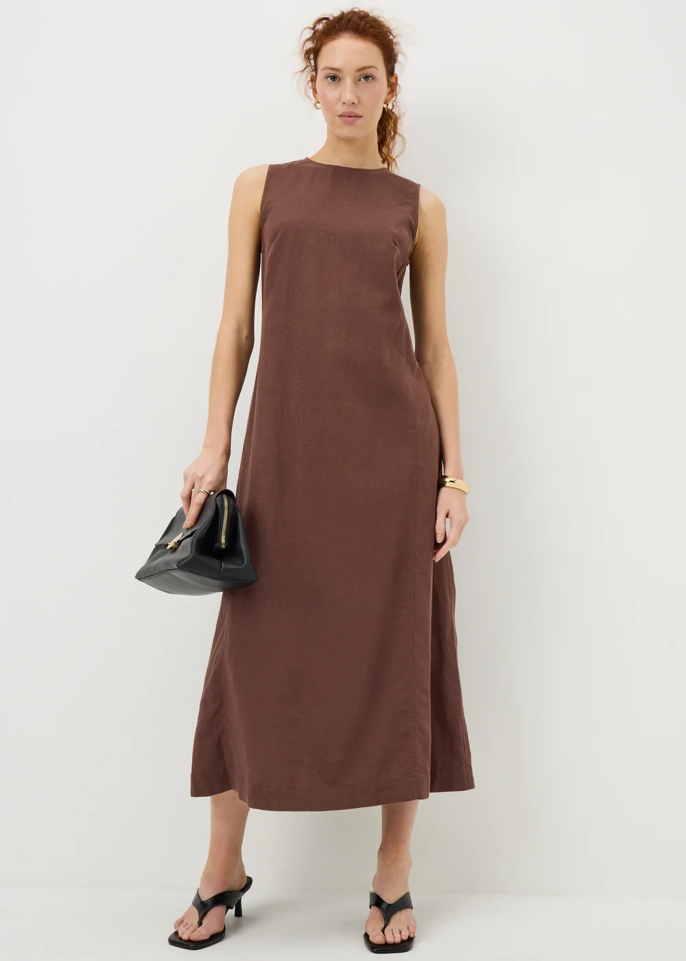 Brown Linen Rich Shift Midi Dress - 8 Image 1