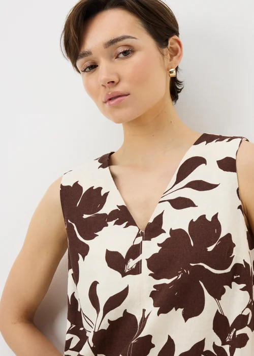 Brown Floral Linen Rich Shift Dress - 8 Image 3
