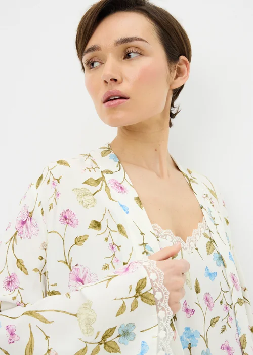 Cream Floral Viscose Dressing Gown - Size 8 Image 2