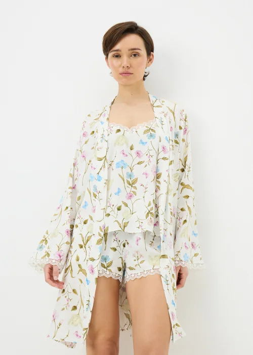 Cream Floral Viscose Dressing Gown - Size 8 Image 1